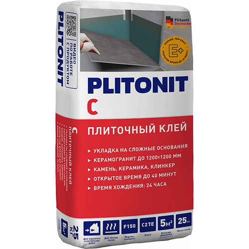 Клей для плитки/ керамогранита/ камня Плитонит C серый (класс C2 TE) 25кг