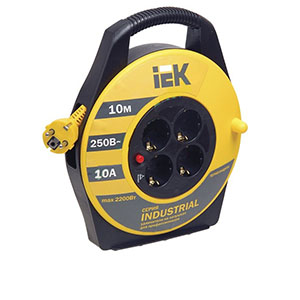 Удлинитель 4 гнезда, 10м, УК10 на катушке, заземляющим контактом, термозащита, Industrial "ИЭК"