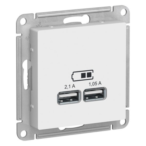 Розетка двойная USB 5В, 2,1А+1,05А, механизм (без рамки), ATLASDESIGN белый