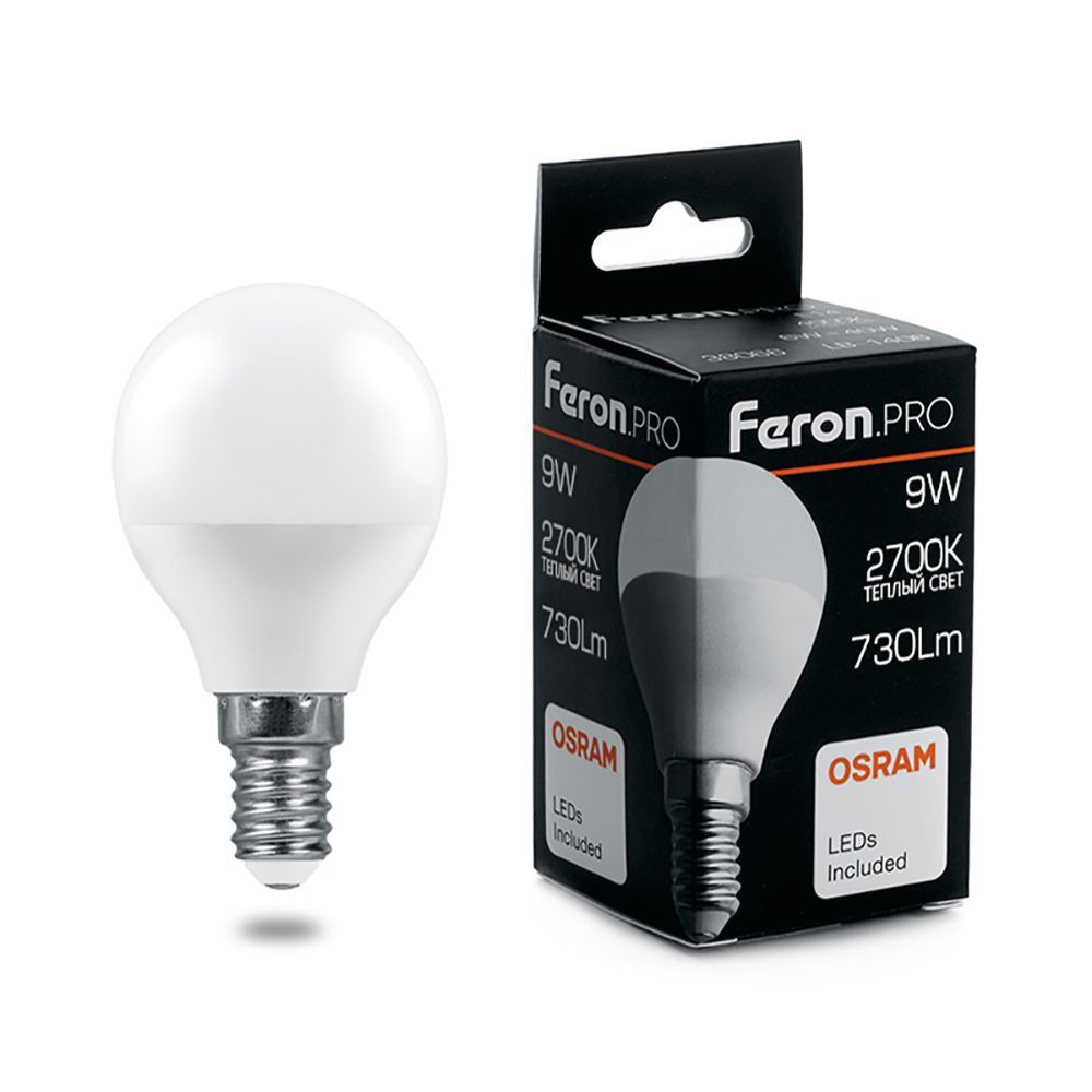 Лампа светодиодная  9Вт Е14 220В 2700К шар LB-1409 &quot;FERON PRO&quot;