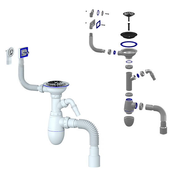 Сифон для мойки бутылочный со стальным выпуском, прямоугольным переливом, с отводом под стиральную машину 3.1/2&quot;*40, гофра 40*50, B427 &quot;Unicorn&quot;