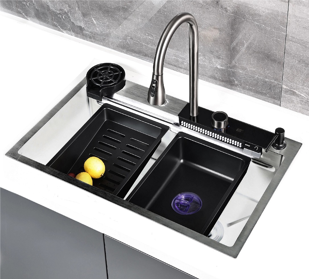 Мойка "Профсан PSM-9943ST" нержавеющая врезная 750*460*210*0,8мм, со смесителем, краном, водопад, 2 колландера, разделочная доска, аппарат для мытья стаканов, с вып. 3 1/2, с сифоном, сталь