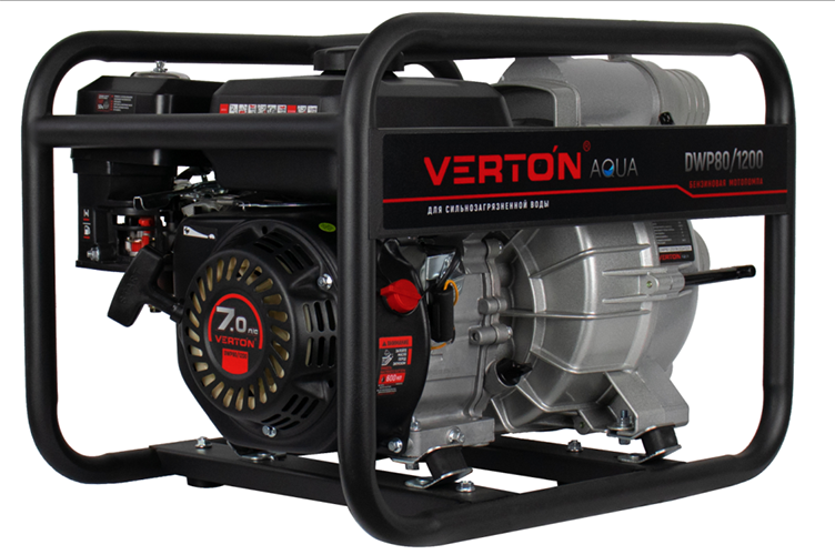 Мотопомпа Verton для сильнозагрязненной воды DWP 80/1200 (7л.с/212см3,80мм/3&quot;, 1200л/мин,72м3/ч,h8м/26,d30мм)
