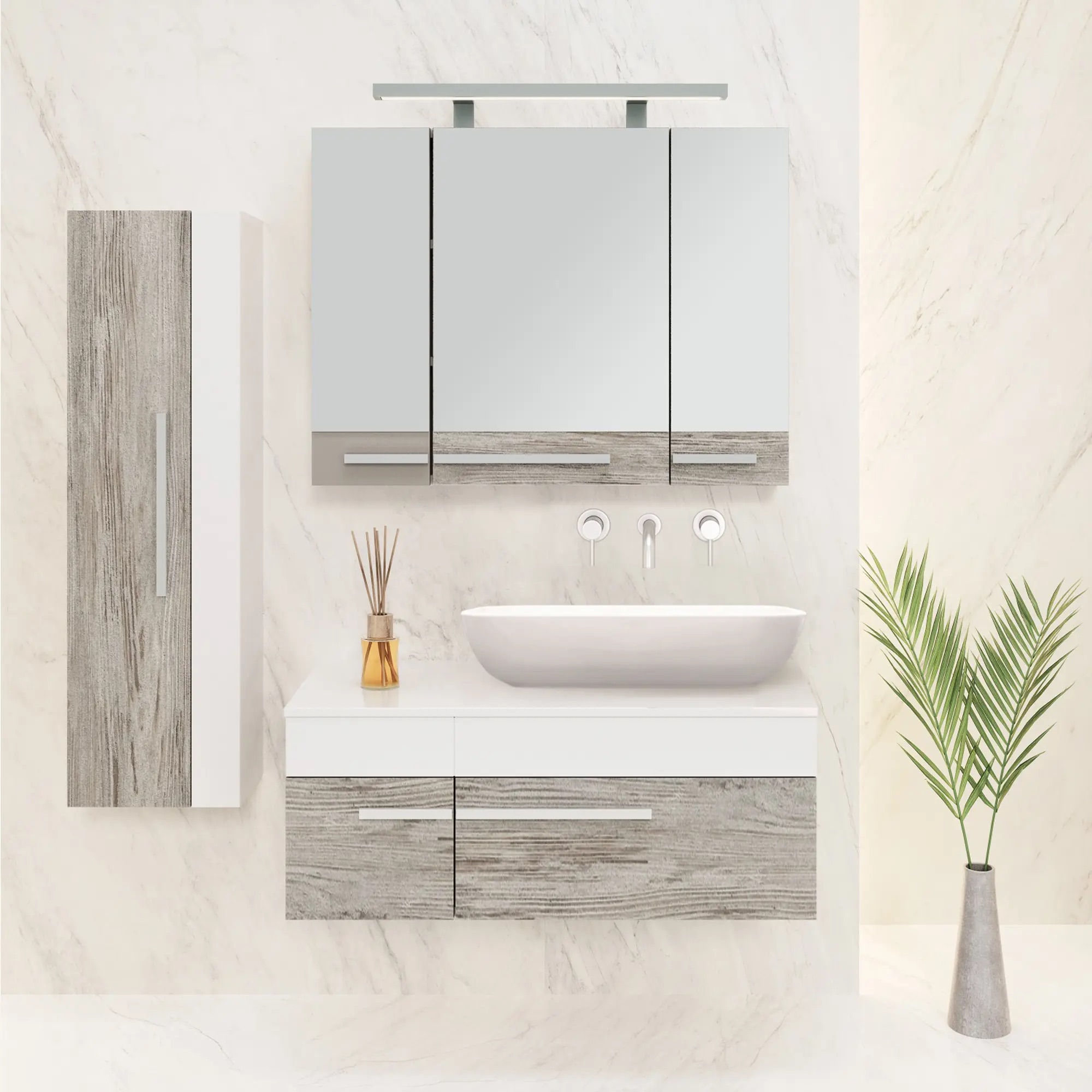 Тумба "Вудлайн 100" со столешницей, дуб темный, белый, под умывальник, подвесная