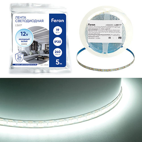 Лента светодиодная, 240SMD(2835)/м 19Вт/м 12V 5000*10*1.22мм 6500К, IP20, LS617 FERON