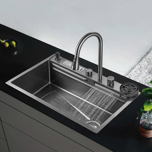 Мойка &quot;Профсан PSM-9955GR&quot; нержав. врезн. 750*460*210*0,8мм, со смесит., краном, водопад, колландер, раздел. доска, с вып. 3 1/2, с сифоном, графит