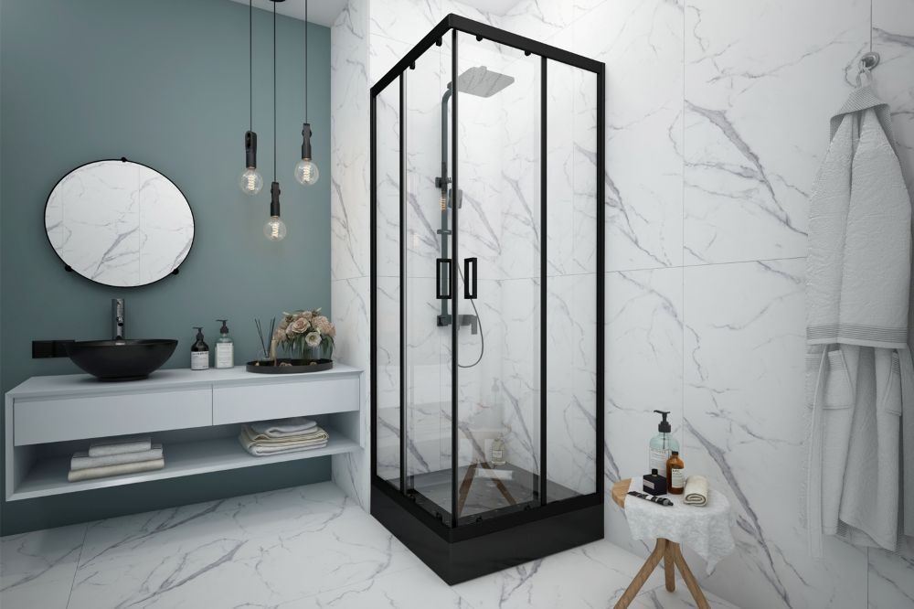 Душевой угол "Универсал черный", 900*900 низкий поддон, черный, прозрачные стекла, без сифона