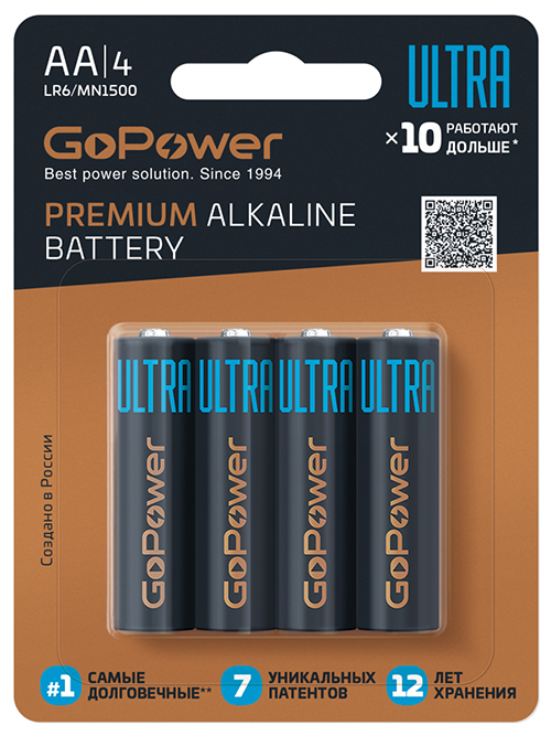 Батарейка щелочная LR06/AA 4шт 1/10/120упак "GoPower" ULTRA Premium
