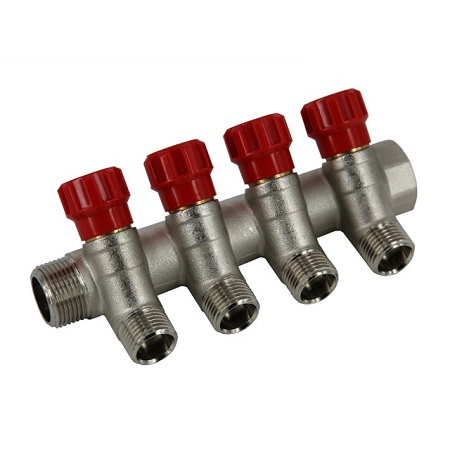 Коллектор с четырьмя вентилями, 3/4в*1/2н*1/2н*1/2н*1/2н*3/4н, красный