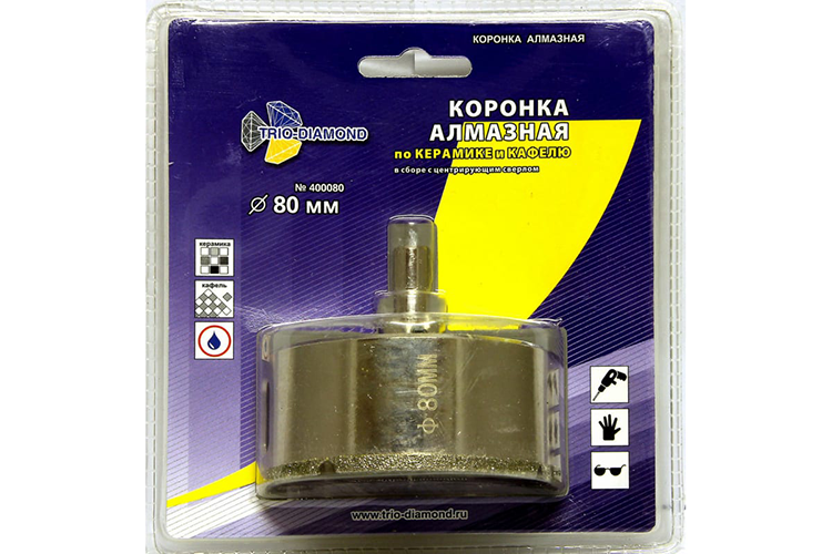 Коронка алмазная по кафелю, керамограниту, стеклу "Trio-Diamond", d80*35мм, с центрирующим сверлом, мокрый рез, трехгранный хвостовик