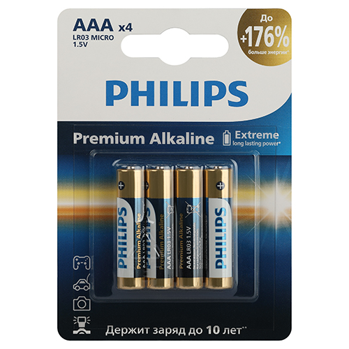 Батарейка щелочная LR03/AAA 4шт 4/48упак "Philips" Premium