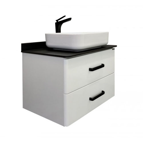 Тумба &quot;Амстердам 75&quot;, 750*645*500мм, белый глянец с черной матовой столешницей, подвесная с умывальником &quot;Comforty T-Y9378&quot;