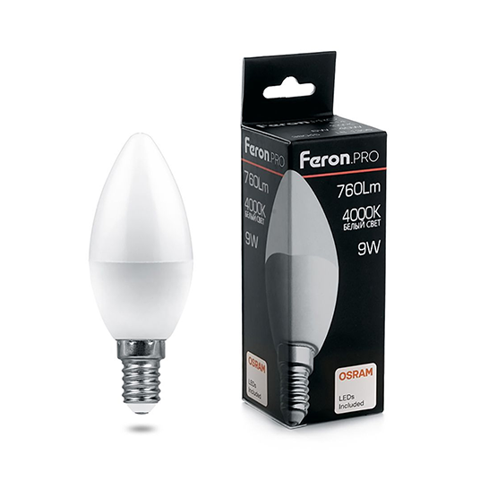 Лампа светодиодная 220В  9Вт Е14 4000К свеча PRO LB-1309 &quot;FERON&quot;