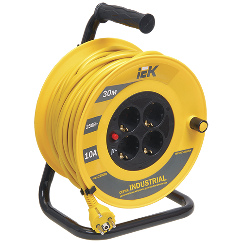 Удлинитель 4 гнезда, 30м, УК30 на катушке, заземляющим контактом, термозащита, Industrial "ИЭК"