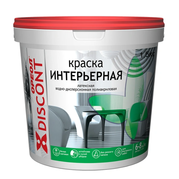 Краска водоэмульсионная интерьерная белая матовая &quot;Ореол Дисконт&quot;, 1,5кг