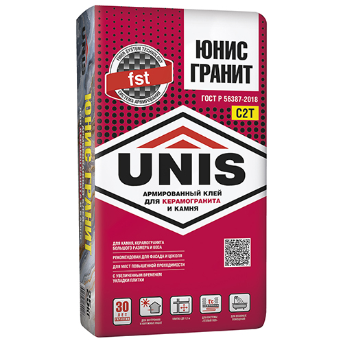 Клей для плитки/ керамогранита/ клинкера Юнис Гранит серый (класс С2 T) 25кг