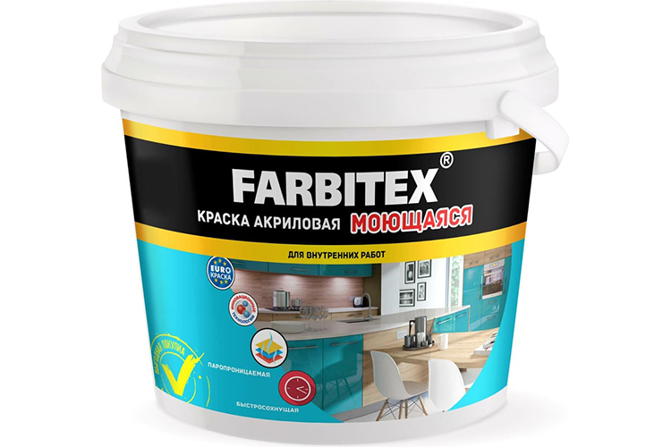 Краска акриловая моющаяся белая "FARBITEX", 6кг/3,64л