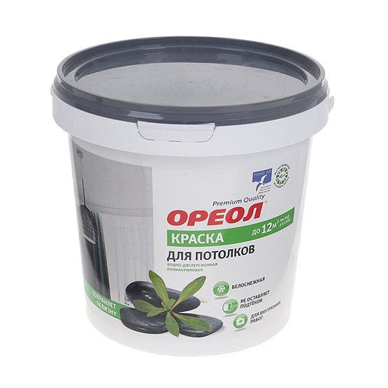 Краска водоэмульсионная для потолков белоснежная "Ореол", 1,5кг