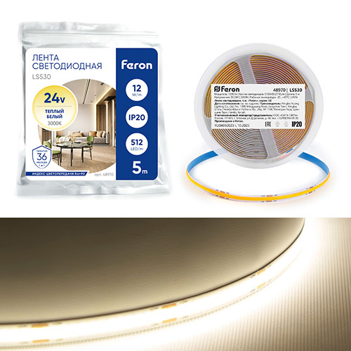 Лента светодиодная 512SMD(COB)(2110) 12Вт/м 24V 5000*10*1.8мм IP20 3000К, LS530 FERON