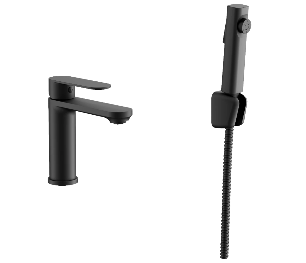 Смеситель для умывальника "Belz B12713-7", однорычажный, гигиенической лейкой, черный, с подводкой