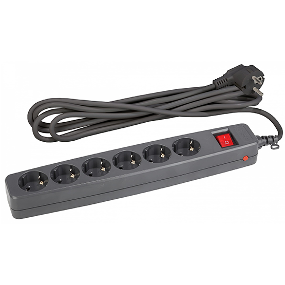 Сетевой фильтр 6 гнезд со шторками с заземлением, провод 2 метра, 3*0,75мм2, черный, "Эра"