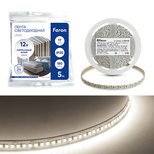 Лента светодиодная, 180SMD(2835)/m 17W/m 12V 5m 4000К, LS616 FERON