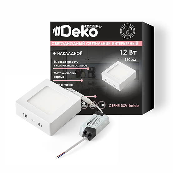 Светильник &quot;DEKO&quot; светодиодный накладной квадратный белый 12Вт, 4000-4500К, IP40, 120мм