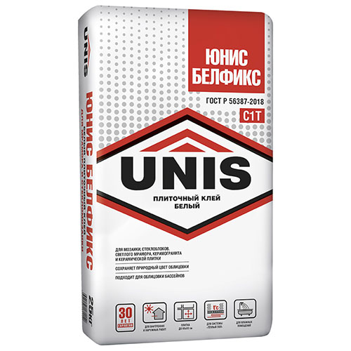 Клей для плитки/ мрамора/ мозаичной и стеклянной плитки Юнис Белфикс белый (класс C1 T) 25кг
