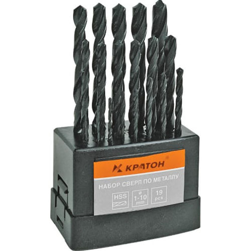 Набор сверл 1-1,5-2-2,5-3-3,5-4-4,5-5-5,5-6-6,5-7-7,5-8-8,5-9-9,5-10мм, оксидированных, 19шт, "Кратон"