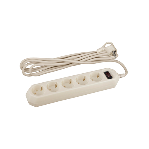 Сетевой фильтр 5 гнезд с заземлением, провод 5 метров, 3*0,75мм2, с выключателем, слоновая кость, "Эра"