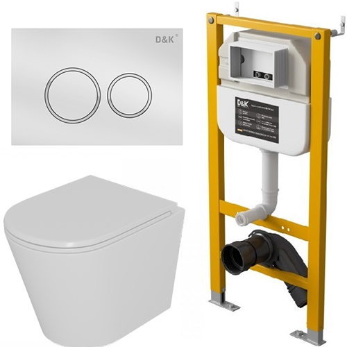 Унитаз &quot;D&K Venice DT1026016&quot; подвесной, безободковый, с инсталляцией &quot;D&K DI8050127&quot;, с кнопкой &quot;Bayern DB1529016&quot;, белый