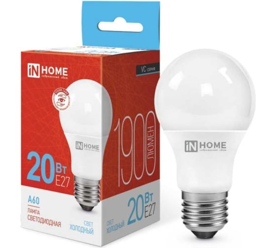 Лампа светодиодная A60 20Вт Е27 220В 6500К 1800Лм LED-A60-VC "IN HOME"