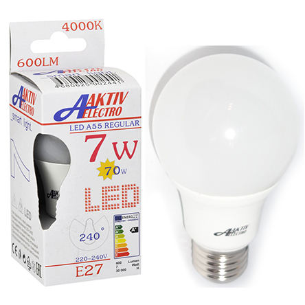 Лампа светодиодная A60  7Вт Е27 220В 4000К 600Лм матовая LED-A55-Regular &quot;AKTIV ELECTRO&quot;