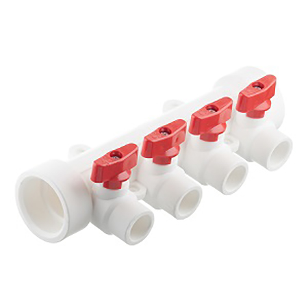 Коллектор полипропиленовый с кранами Aquattro 32мм*4 выхода на 20мм, красный