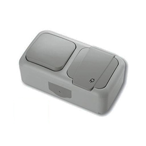 Блок выключатель, 1-кл выключатель, 1-ая розетка с заземлением, с крышкой, "Palmiye Vi-ko", серый, накладной, IP55