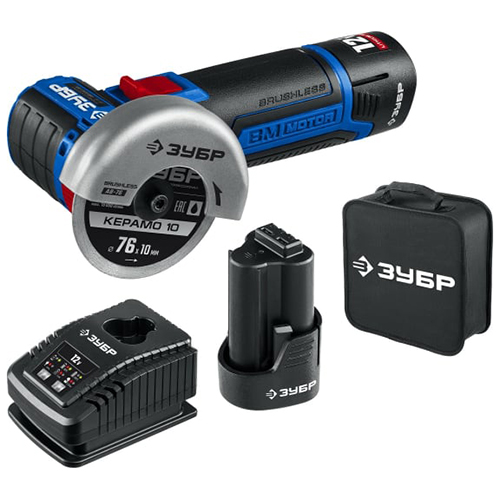 УШМ аккумуляторная "ЗУБР" Т7 AB-76-22, 12В, 20000об/мин, 76*10мм, 2А*ч, 2 АКБ, бесщеточная