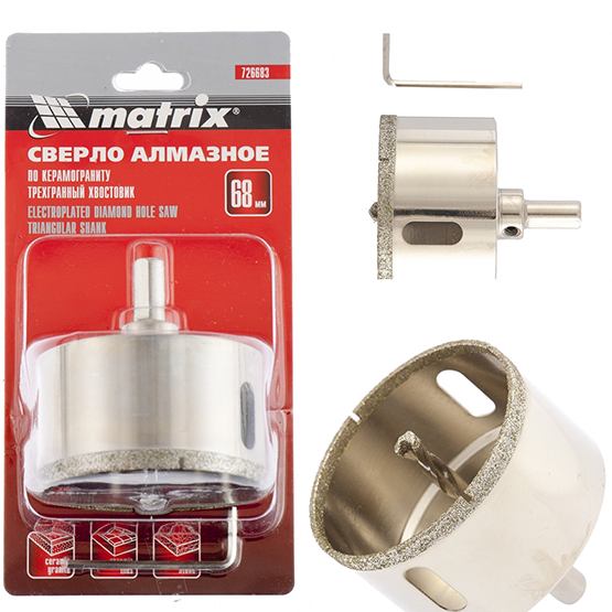 Коронка алмазная по кафелю, керамограниту "Matrix", d68*67(35)мм, с центрирующим сверлом, мокрый рез, трехгранный хвостовик