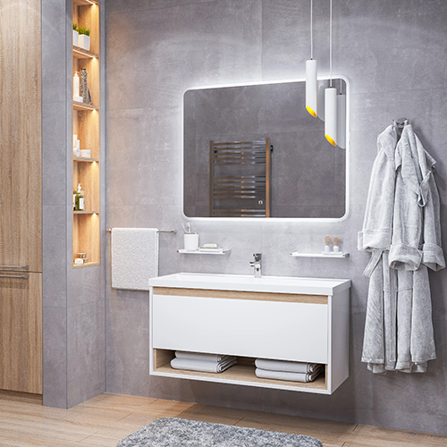 Тумба &quot;Batiste 100&quot; белый глянец/ватан с умывальником Style 100, подвесная