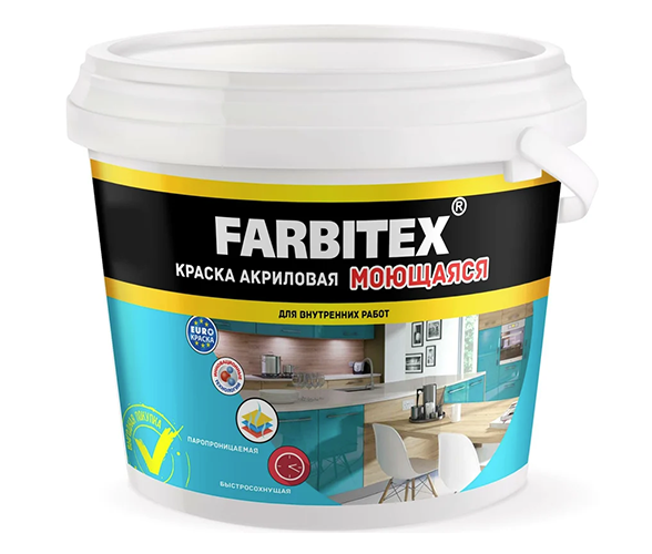 Краска акриловая моющаяся белая "FARBITEX", 13кг/7,88л