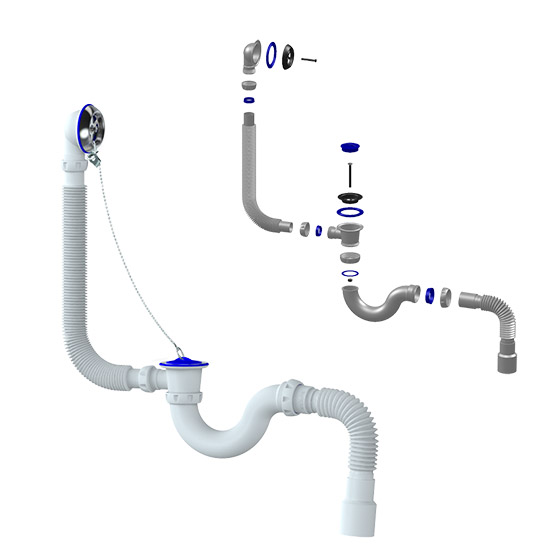 Сифон для ванны со стальным выпуском и регулируемым переливом, прямоточный с гофрой 40*50, S32, "Unicorn"