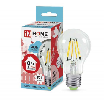 Лампа светодиодная &quot;LED-A60-deco&quot; A60, Е27, 9Вт, 220В, 4000К, 1040Лм, прозрачная IN HOME
