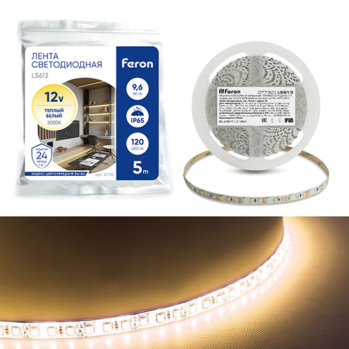 Лента светодиодная, 120SMD(2835)/m 9.6W/m 12V 5m 3000К, LS613 FERON