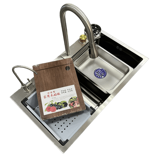 Мойка "Oute T87846L" нержавеющая врезная 780*460*210*3мм, со смесителем, краном, водопад, 2 корзины, разделочная доска, аппарат для мытья стаканов, с вып. 3 1/2, с сифоном, сатин