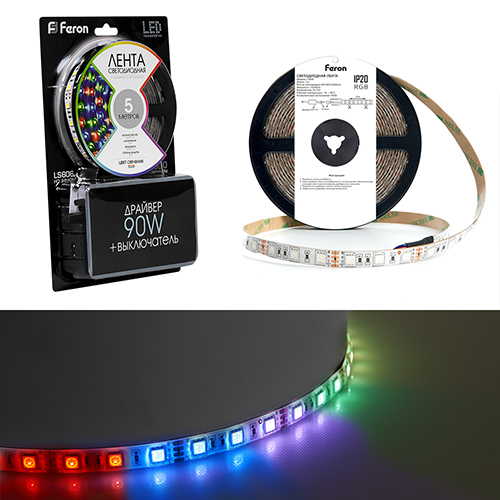 Лента светодиодная RGB "Feron" SMD5050, 12В, 5метров, 60LED, 14,4Вт/м, IP20,с драйвером