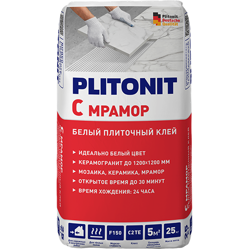 Клей для плитки/ мрамора/ мозаичной и стеклянной плитки Плитонит C Мрамор белый (класс C2 TE) 25кг