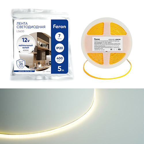 Лента светодиодная 400SMD(2110)/ 7Вт/м 12V 5000*3*1.8мм 4000K, IP20, LS630 FERON
