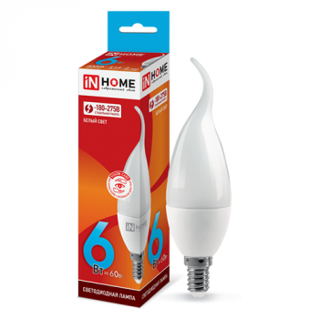 Лампа светодиодная "IN HOME" Е14, 6Вт, 220В, 4000К, 540Лм, свеча на ветру