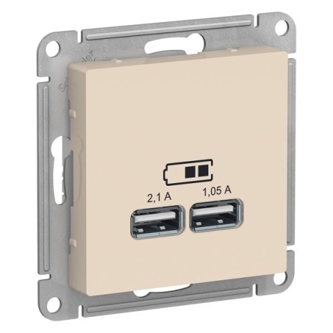 Розетка двойная USB 5В, 2,1А+1,05А, механизм (без рамки), ATLASDESIGN бежевая