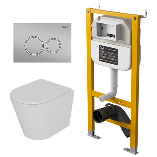 Унитаз "D&K Venice DT1026516" подвесной, безободковый, торнадо, с инсталляцией "D&K DI8050127", с кнопкой "Bayern DB1529002", хром матовый