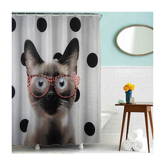 Шторка для ванной "Кот в очках" "MZ-41" в комплекте с кольцами 1800*1800мм полиэстер